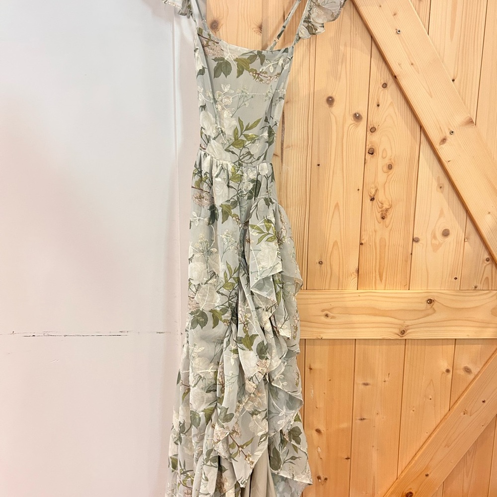 Storia One-Shoulder Floral Ruffle Maxi Dress in Sage and Olive
